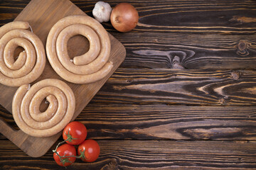 Homemade chicken sausages, top view. Copy-space