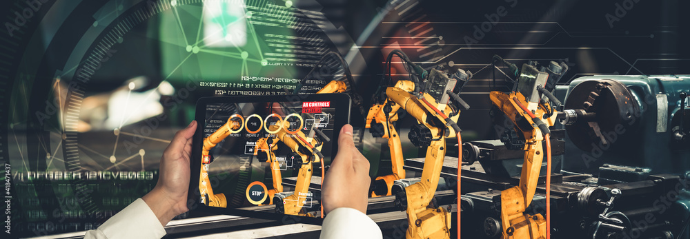 Poster engineer controls robotic arms by augmented reality industry technology application software. smart 