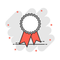 Vector cartoon badge with ribbon icon in comic style. Award medal sign illustration pictogram. Champion business splash effect concept.