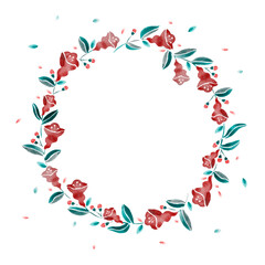 round watercolor floral frame, flowers and leaves isolated on white background