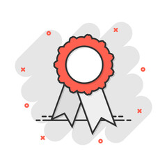 Vector cartoon badge with ribbon icon in comic style. Award medal sign illustration pictogram. Champion business splash effect concept.