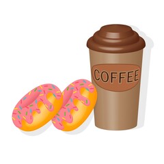 A glass of coffee and two glazed donuts isolated on a white background close-up. For menu design, advertising or packaging. Tasty breakfast.
