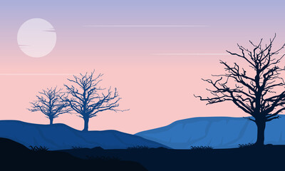 Stunning silhouette of mountains and dry trees at sunrise. Vector illustration