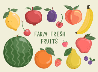 Big set of isolated hand drawn fruits and berries.Sweet summer delicacy, orange, lemon, pomegranate, cherry, blueberry, strawberry,tasty healthy food for designs and decorations. Farm fresh.Vector
