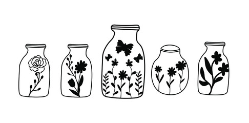 Mason jar with wildflowers, meadow flowers bouquet in the bottle (wild flowers, rosehip, rose, peonies, daisies. Spring farmhouse decor set, perfect for woman shirt print