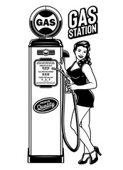 Vintage Pin Up Girl Gas Station Vector Illustration