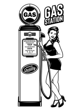Vintage Pin Up Girl Gas Station Vector Illustration