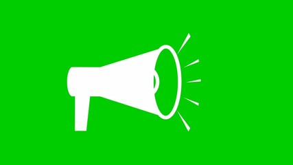 Animated symbol of white megaphone. Looped video. Concept of news, announce, propaganda, promotion, broadcast, media, message. Vector illustration isolated on green background.