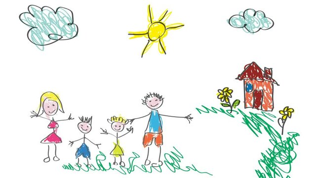 Drawing made by a child, happy family in the countryside, greeting. Animated illustration