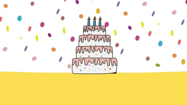 Happy birthday celebration, invitation card with child drawing,  greeting with cake. Animated illustration