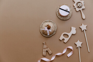 Set of baby stuff and accessories on pastel background. Baby shower concept. Fashion newborn. Flat lay, top view. ItÕs a girl Birthday