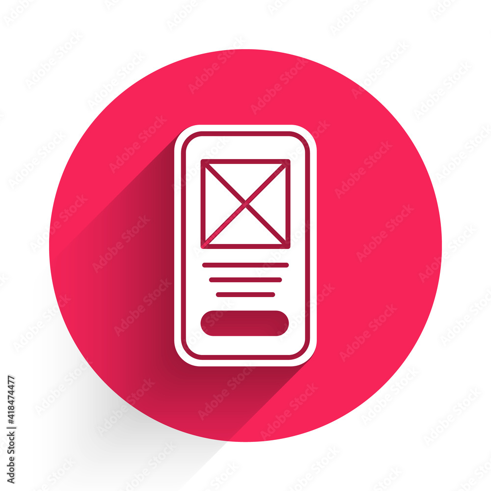 Poster White UI or UX design icon isolated with long shadow. Red circle button. Vector.