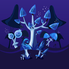 Cartoon fantastic night mushroom background. A fabulous illustration with magic mushrooms. Vector illustration of fantasy glowing mushrooms.