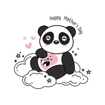 Mother's day card with Pandas. Panda mother hugging baby panda.