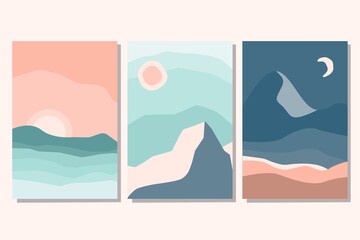 Set of trendy minimalist aesthetic landscape abstract contemporary collage with with sunrise, sunset, night. Earth tones, pastel colors. Vector flat illustration. Art print templates, boho wall decor