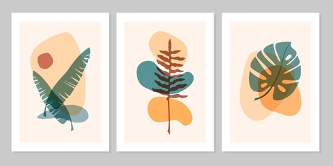 Hand drawn abstract set boho tropical leaf with color shape isolated on beige background. Vector flat illustration. Design for pattern, logo, posters, invitation, greeting card