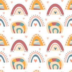 Hand drawn  seamless pattern of  cute boho rainbows pastel color isolated on white background. Vector flat illustration. Design for baby textile, wallpaper, wrapping, backdrop