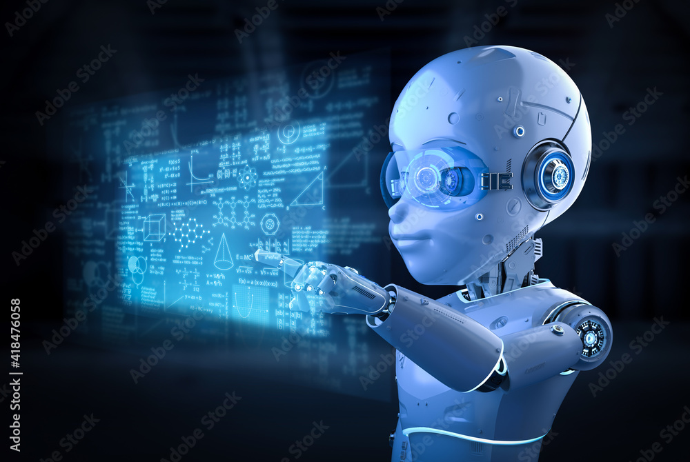 Poster cute robot with cartoon character with graphic display