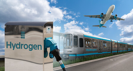 A hydrogen filling station on a background of fuel cell train and airplane. New energy sources