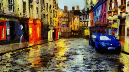 Rainy Edinburgh at evening, impasto impressionism painting. Artwork made with palette knife and rough textured brush strokes