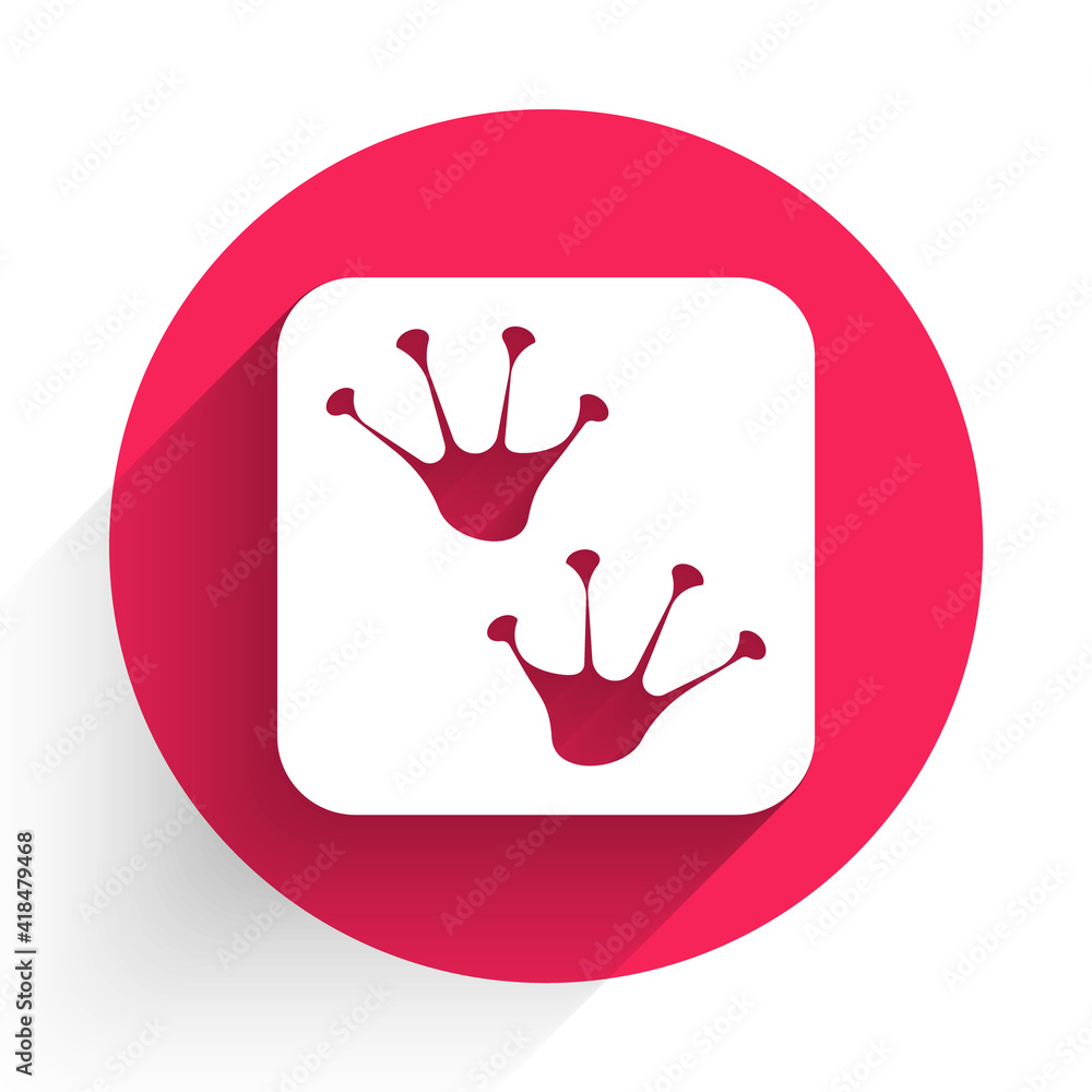 Poster white frog paw footprint icon isolated with long shadow. red circle button. vector.