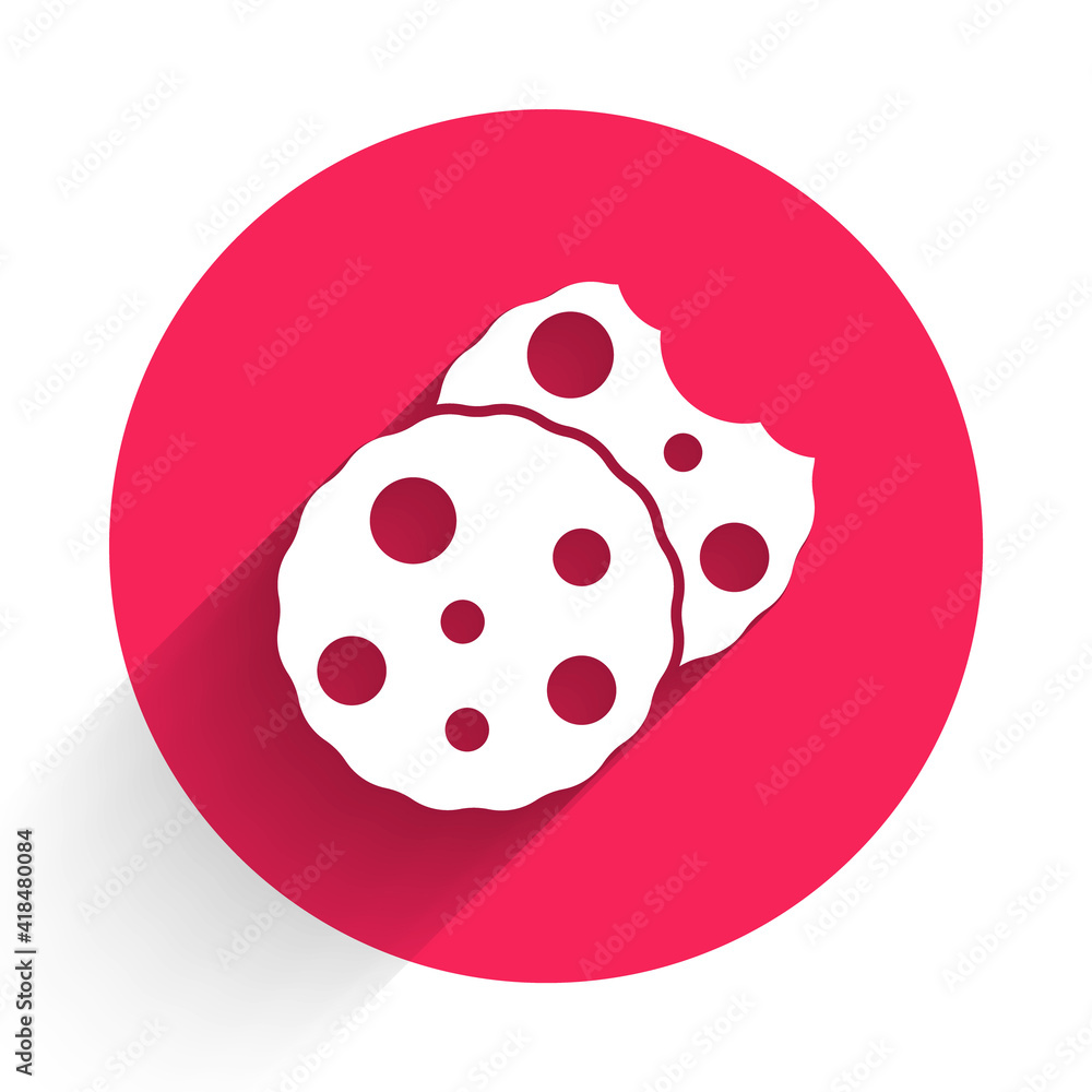 Poster white cookie or biscuit with chocolate icon isolated with long shadow. red circle button. vector.