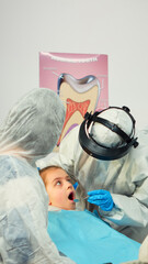Dentist in ppe suit standing near girl patient talking with mother, examining kid in new normal stomatological office. Concept of doctor visit in coronavirus outbreak wearing coverall and face shield