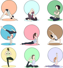 Set of 9 pictures of girls in yoga pose color