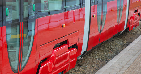 Fototapeta premium Narrow-gauge low-floor tram. Selective focus.