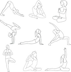 Set of 9 pictures of girls in a yoga pose black and white