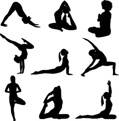 9 silhouettes of girls in a yoga pose