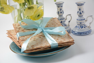 Table served for Passover (Pesach) indoors, with matzah bread as symbolic Pesach (Passover Seder) item.