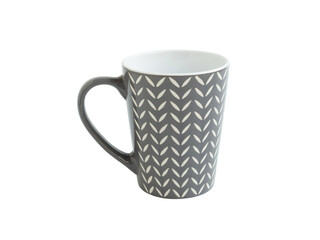 Empty grey ceramic mug with pattern isolated on a white background. .