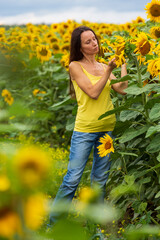 Naklejka na ściany i meble Beautiful girl in a field of sunflowers