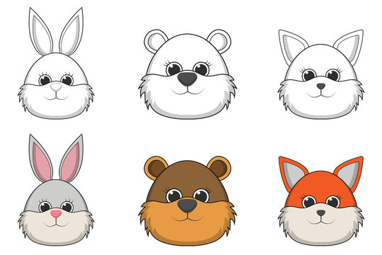 Vector illustration set of cute animal faces including Rabbit, Bear, Fox. Black and white vector illustration for a coloring book and a colorized sample picture.