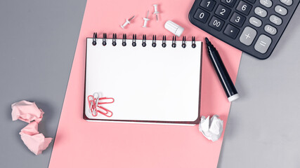 Close up of blank notebook on the table. Top view. Office concept