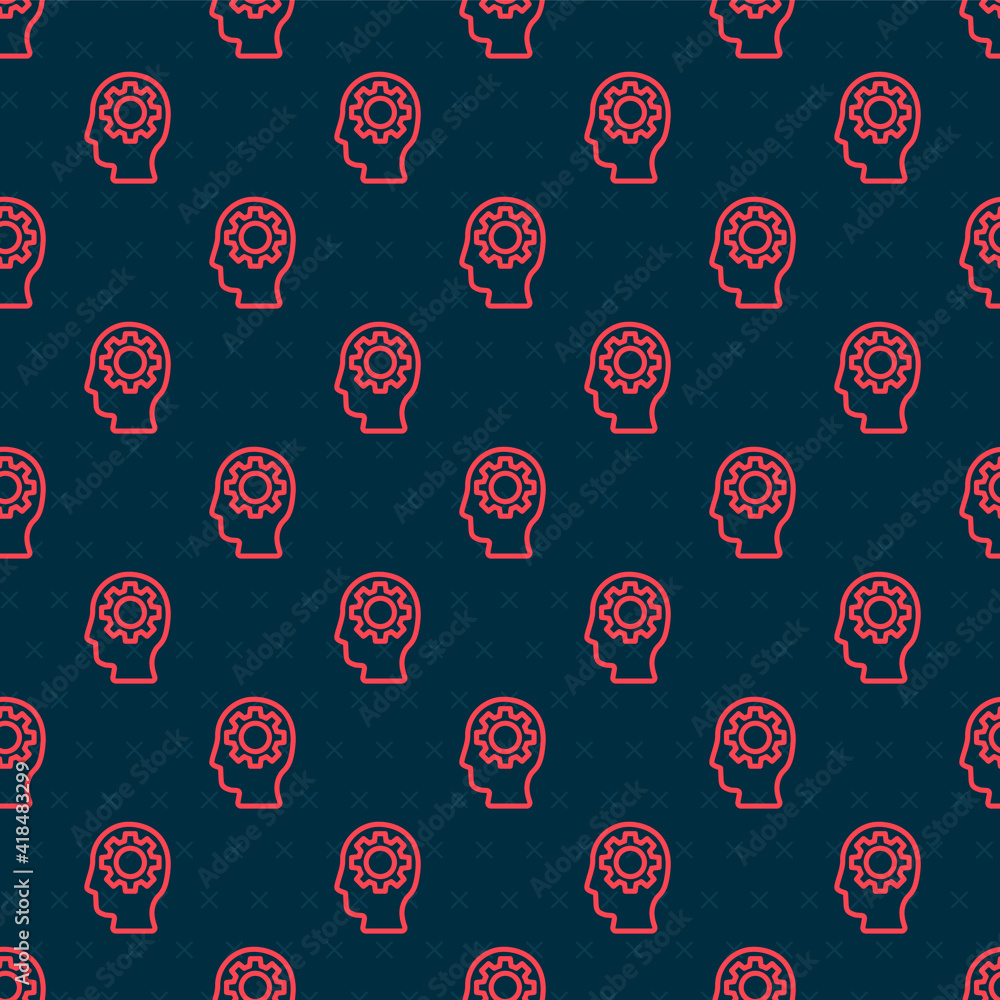 Poster red line human head with gear inside icon isolated seamless pattern on black background. artificial 