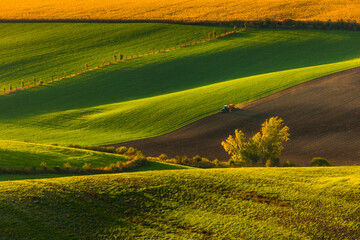 Autumn landscapes in South Moravia, Bohemia. The undulating fields shimmer with shades of green, brown and yellow.