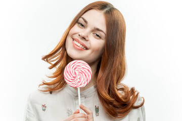 pretty woman licks round lollipop sweets joy emotions