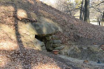 樹木の葉が落葉し、古墳の形がよくわかる冬の大室古墳群の風景