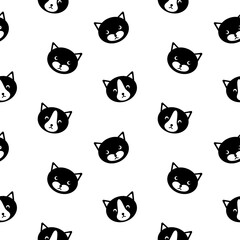 Obraz premium Seamless pattern with cute cat faces. Simle black silhouettes on white background. Vector illustration.