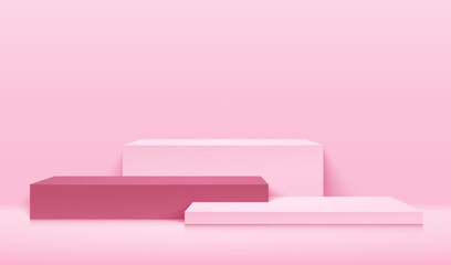Abstract vector rendering 3d shape for advertising product display presentation. Modern light pink step cubes pedestal podium, Empty room. Pastel studio room concept. Minimal wall scene.