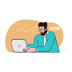 Man with Laptop. Bearded man works in front of computer, business analyst