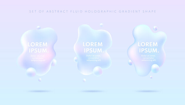 Set of 3d abstract fluid holographic gradient shape on blue background. Liquid shapes trendy realistic design. Vector illustration