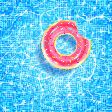 Swimming pool with floating ring, caustic ripple and sunlight glare effect. Aquatic surface with waves background. Realistic vector illustration of underwater bottom texture, top view