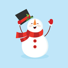 Snowy snowman. Festive and Christmas greeting card. Flat design