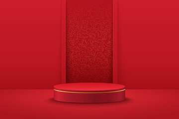 Abstract vector rendering 3d shape for advertising product display. Modern chinese red cylinder pedestal podium with geometric background. Minimal wall scene, Studio room. - obrazy, fototapety, plakaty