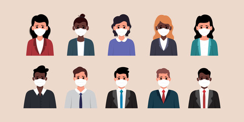 Icon set of business man and business woman wearing medical mask in flat illustration style.