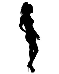 Beauty young girl in dress walking down street. Isolated silhouette on white background