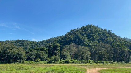 blue sky over wooded hillside in northern thailand